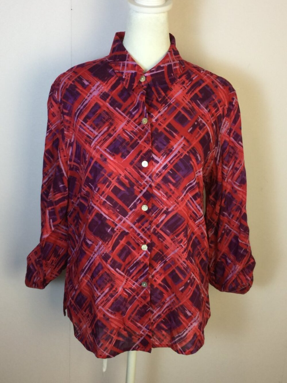 Crazy Horse Liz Claiborne Button Up Shirt Size 8 Womans Red Purple Plaid Cotton